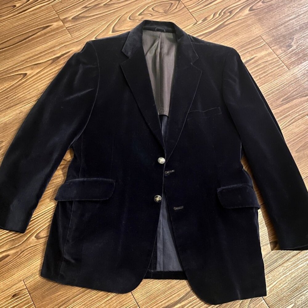 Vintage Navy Velvet Blazer Gold Buttons Made USA 40-42R Statement Jack